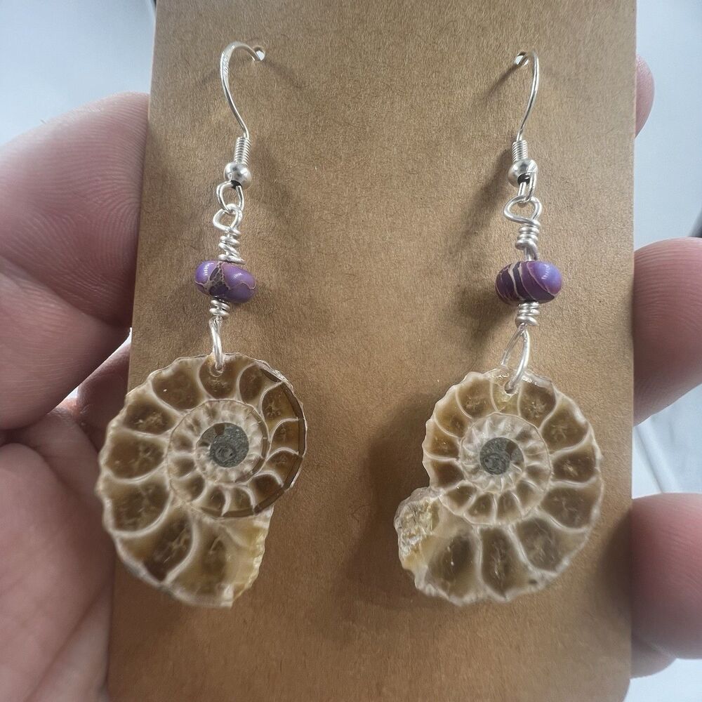 Natural Ammonite Fossil Gesmtone Sterling Silver Earrings Handmade With Opal - Picture 3 of 8
